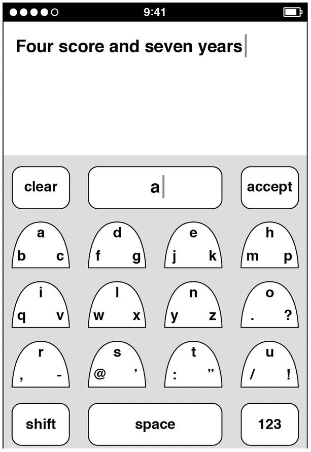 An early prototype of the iPhone keyboard design featuring round multi-letter keys.