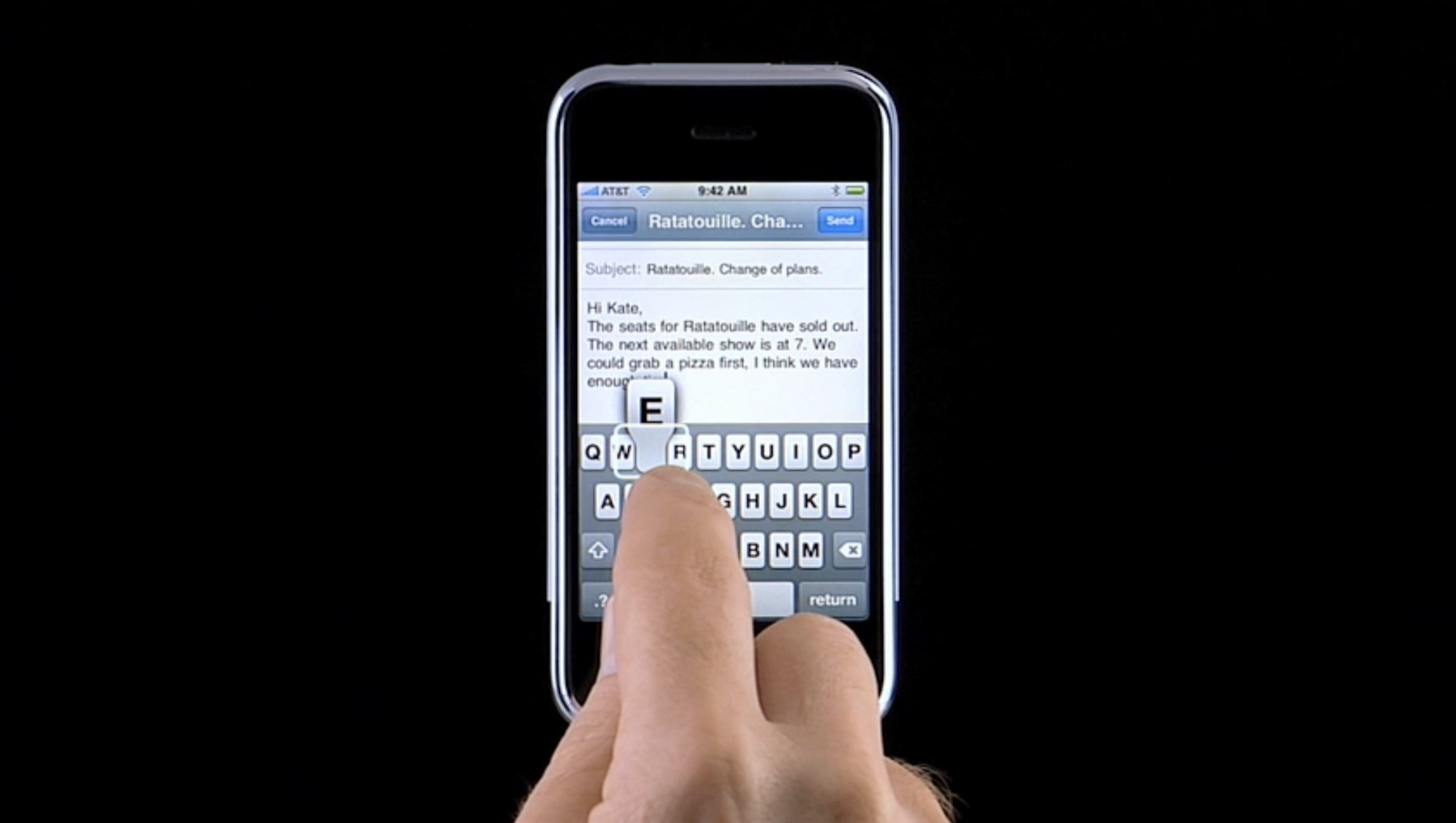 The final design of the keyboard used a familiar QWERTY layout and hid all the complexity of the touch targets and error correction behind the scenes. Image from Apple’s getting started series on the original iphone. Retrieved from the Internet Archive