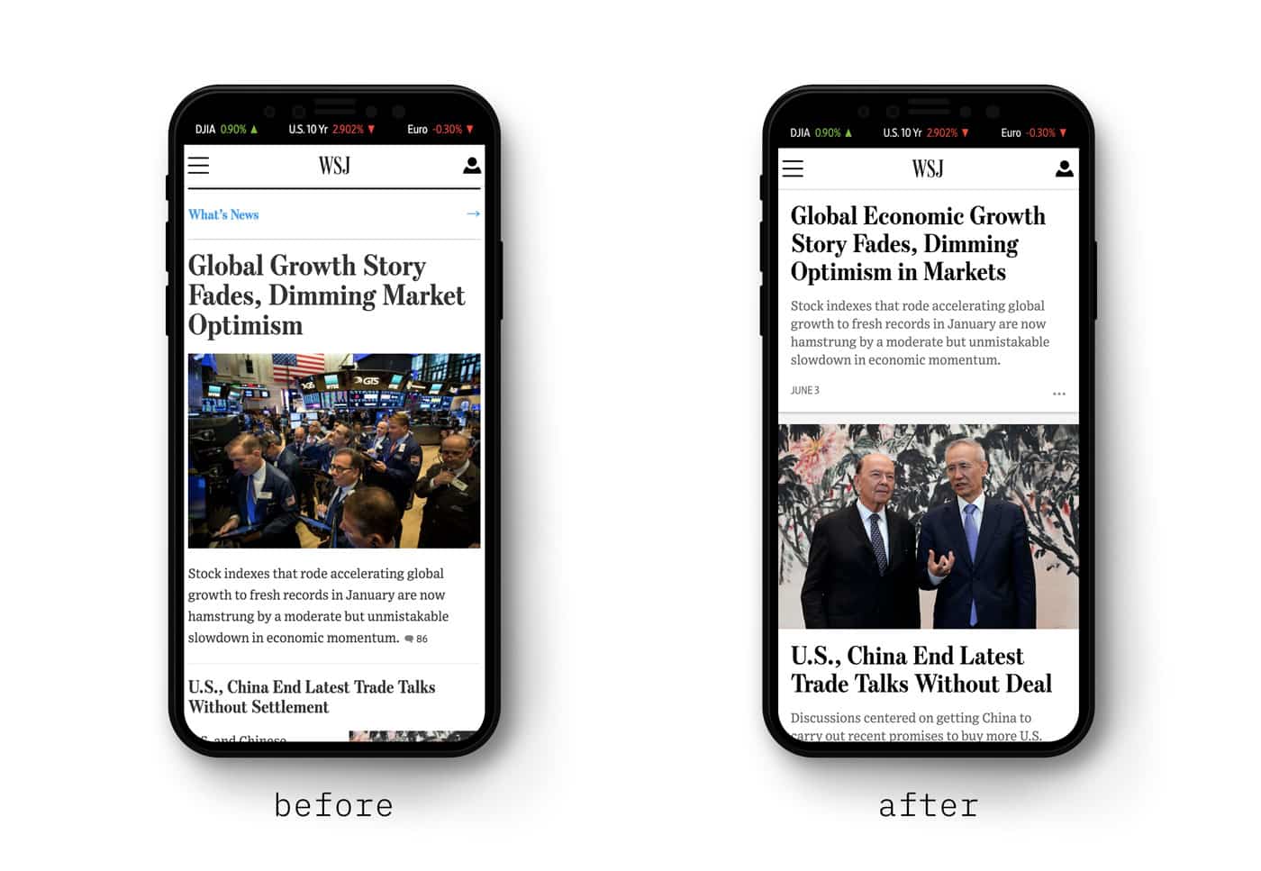 The WSJ.com mobile homepage before and after the re-design