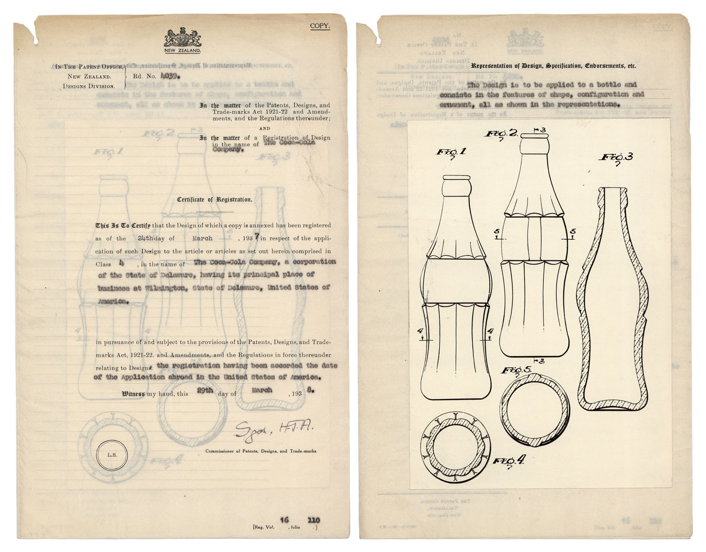 Design Patent for Coca Cola, from Archives New Zealand