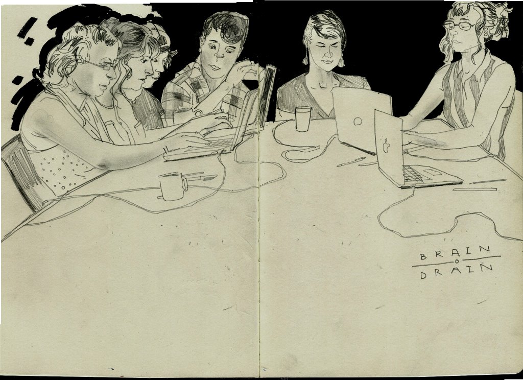 Illustration of a BRAIN DRAIN meeting by Noah Macmillan