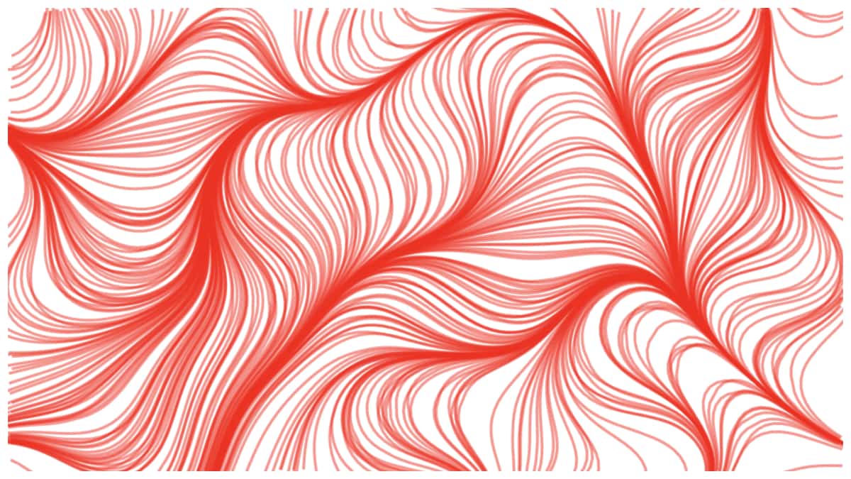 Many lines moving through a flow field determined by simplex noise