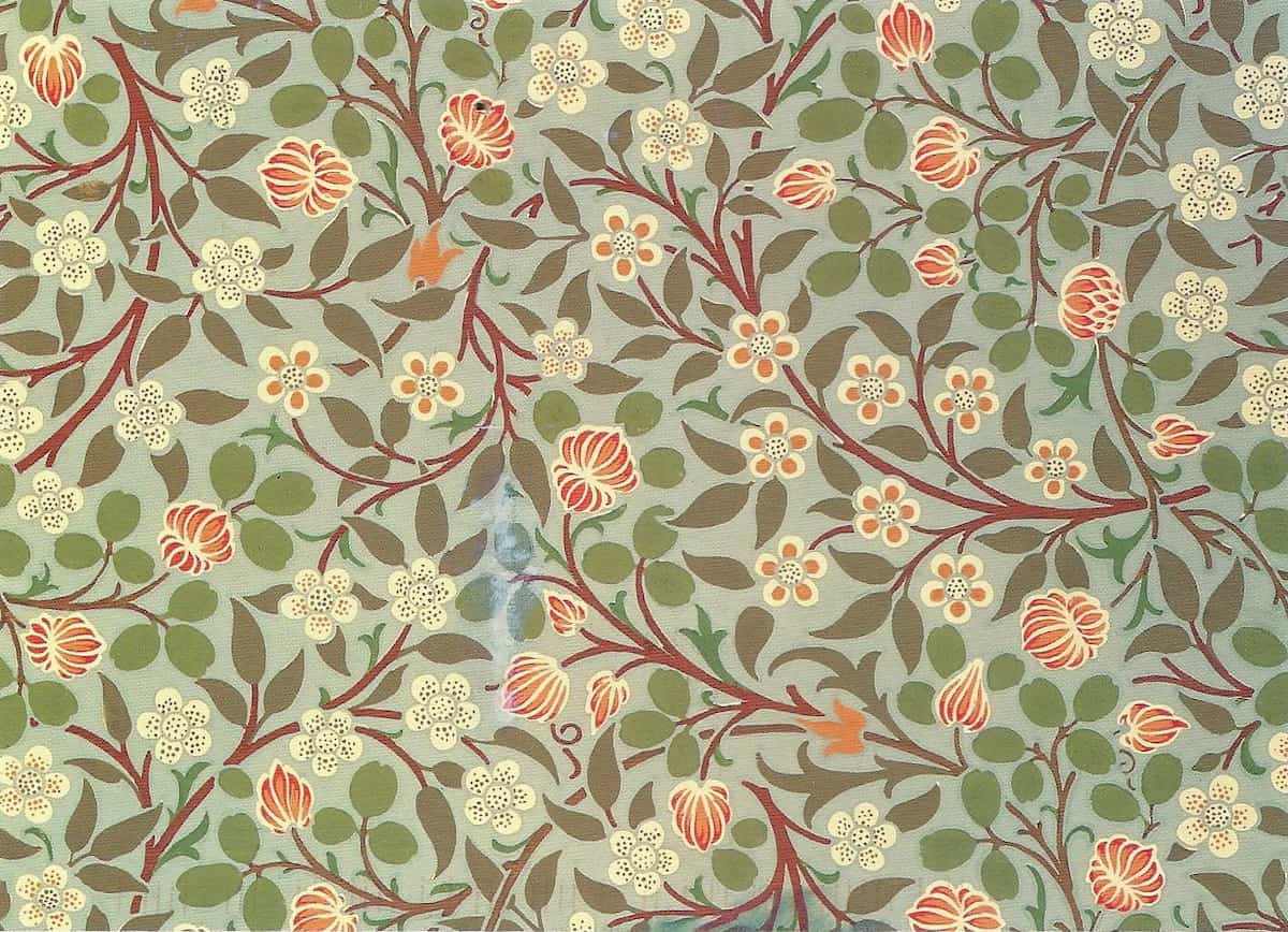 Wallpaper designed by William Morris in the Arts and Crafts style. Morris’ designs used bright colors and natural patterns in direct contrast to the monotonous ornate style of the early 1800s. <span class="figure--credit">Source: Morris & Co. - Online Collection of Brooklyn Museum [via Wikipedia](https://commons.wikimedia.org/wiki/Category:William_Morris_wallpaper_sample_book_1_(image_set))</span>