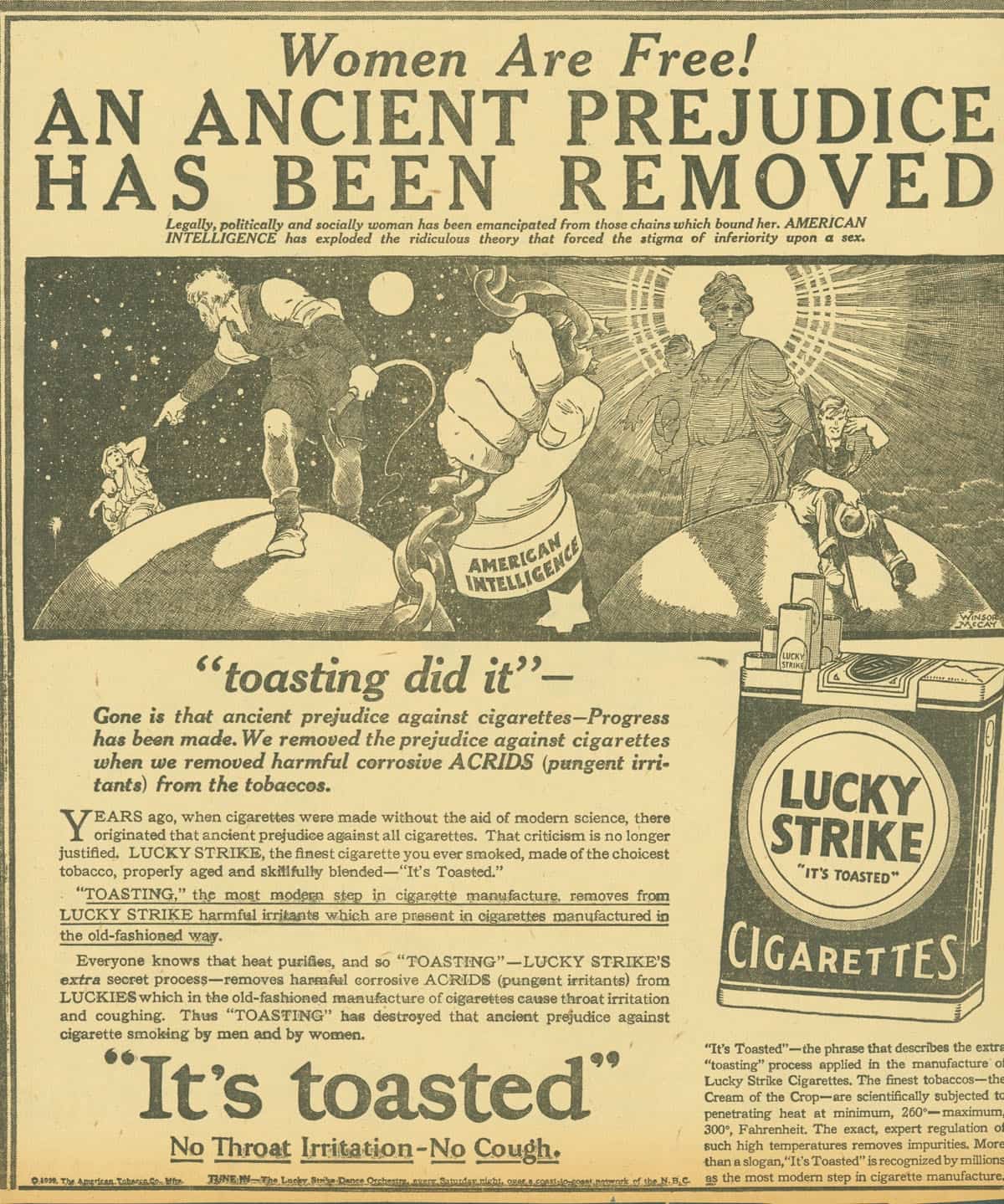 A 1929 ad for Lucky Strike cigarettes capitalizing on the women's liberation movement. <span class="figure--credit">Source: <a href="https://tobacco.stanford.edu/cigarettes/targeting-women/mass-marketing-begins/#collection-21">Stanford Research Into the Impact of Tobacco Advertising<a/></span>