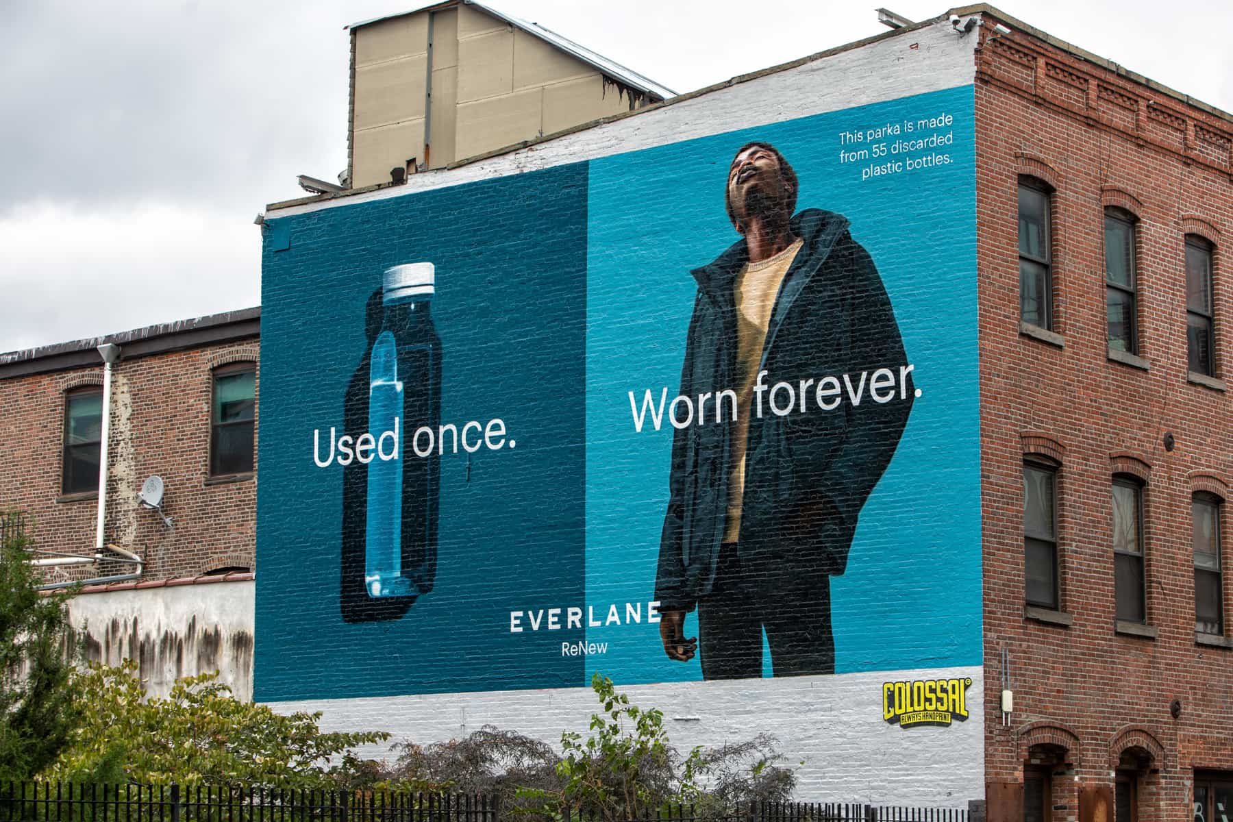 An ad for Everlane highlighting the environmental impact of using recycled plastic in their clothing <span class="figure--credit">Photo by [Kasia Bedkowski](https://www.kasiabedkowski.com/work/renew)</span>