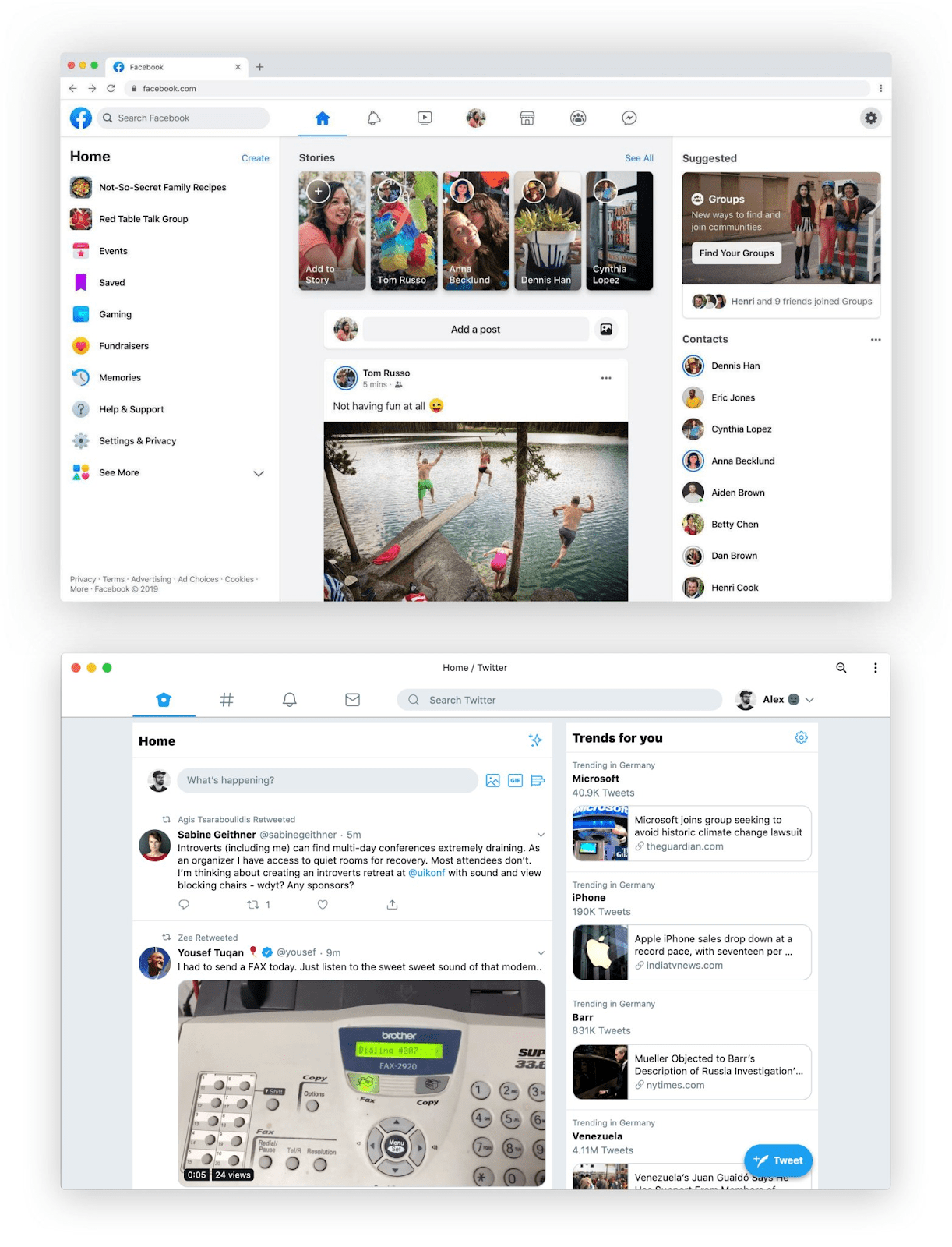 Facebook’s 2019 Redesign, compared to Twitter by Alex Muench