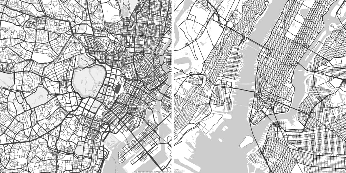 A comparison of the city grids of Tokyo (left) and New York City (right)