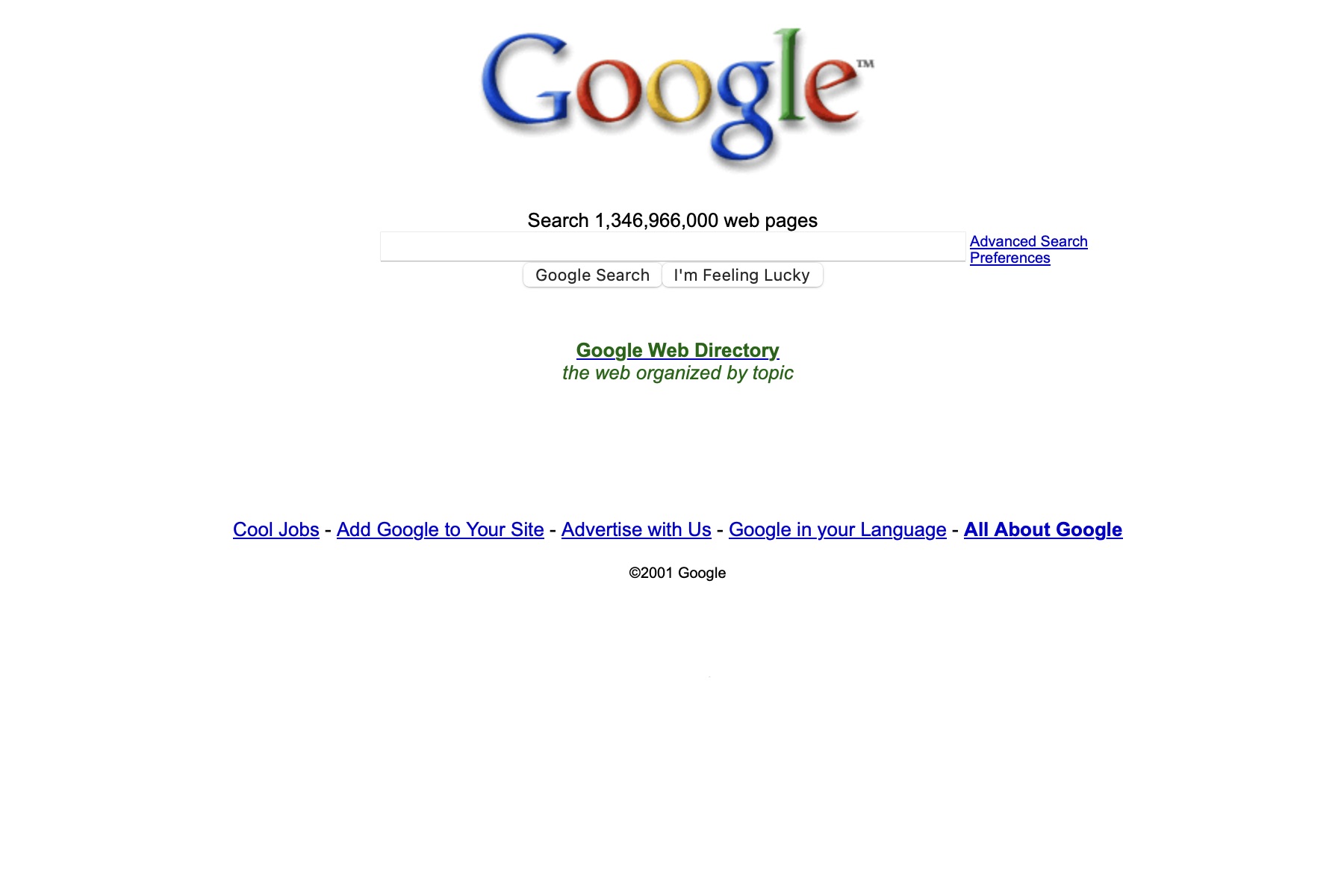 A screenshot of Google's homepage in 2001