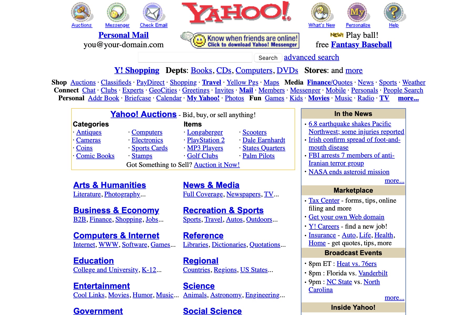 A screenshot of Yahoo's homepage in 2001